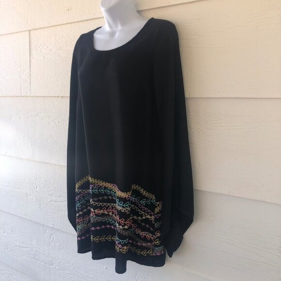 Long Line Size Small Black Multicolor Embroidered Tunic Top Asymmetrical Bell Sl - Picture 7 of 12